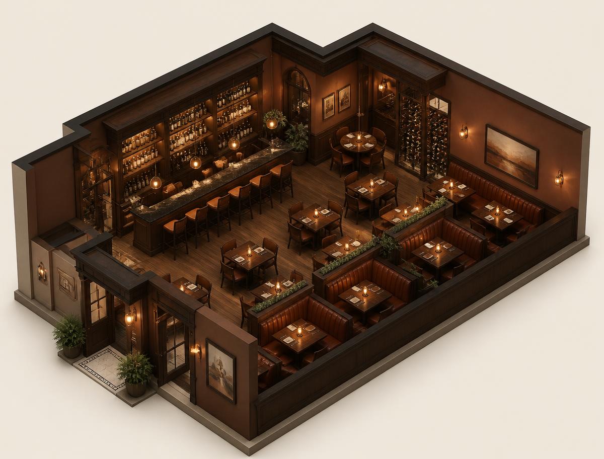 Isometric interior render of Ember & Oak, a restaurant project in Brooklyn, NY