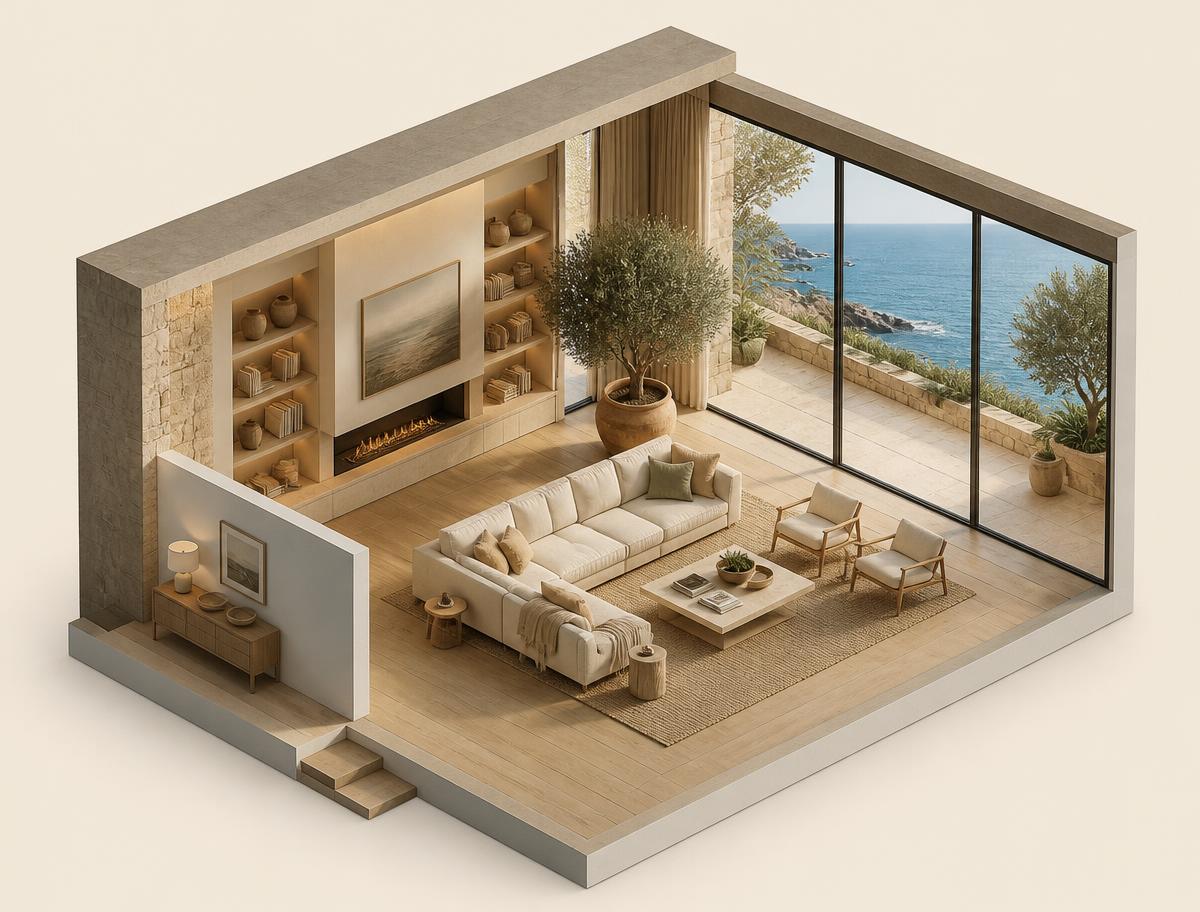 Isometric interior render of Coastal Villa, a residential project in Malibu, CA