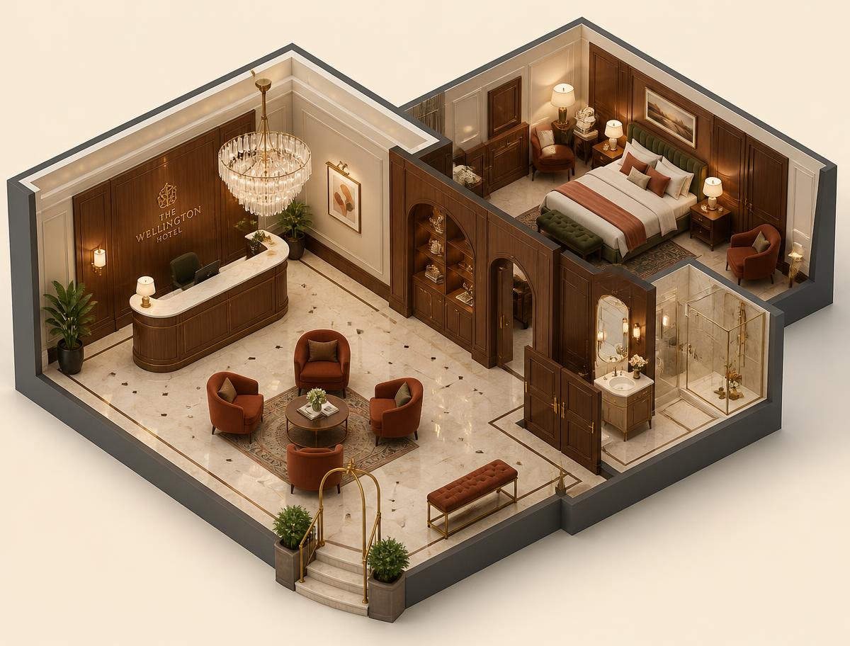 Isometric interior render of The Meridian Hotel, a hospitality project in Aspen, CO